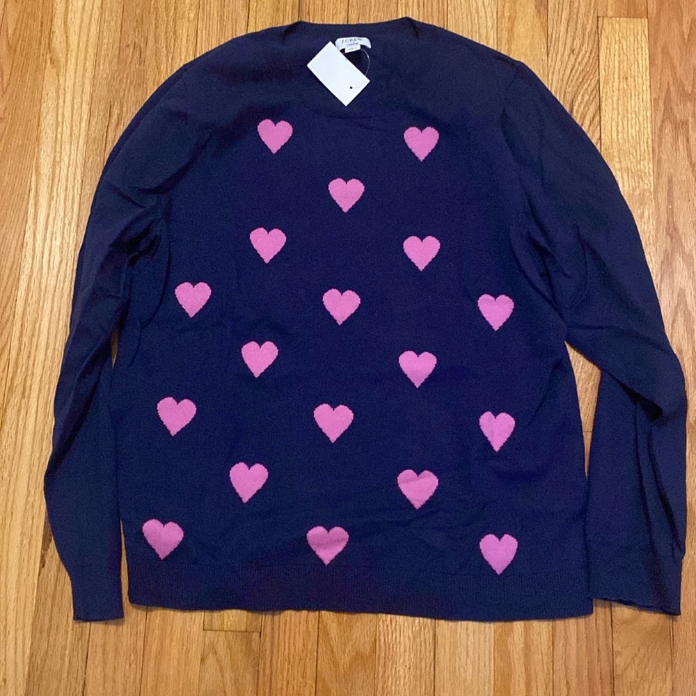 J. Crew Navy and Pink Heart Sweater, size XL